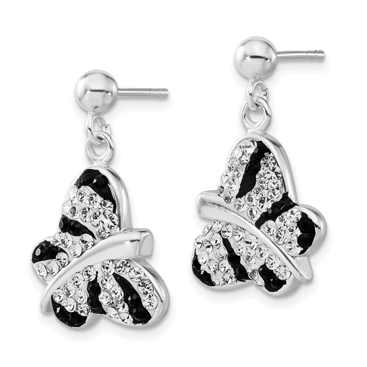 Sterling Silver Butterfly Drop Earrings with Black and Clear Crystals, Nature-Inspired Design