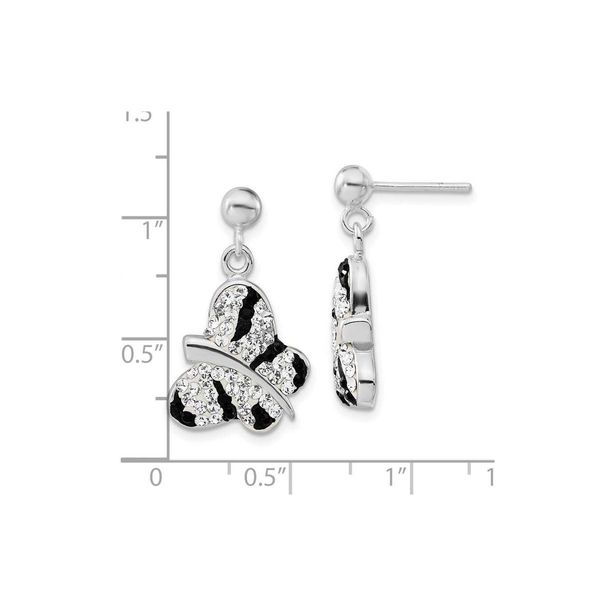 Sterling Silver Butterfly Drop Earrings with Black and Clear Crystals, Nature-Inspired Design