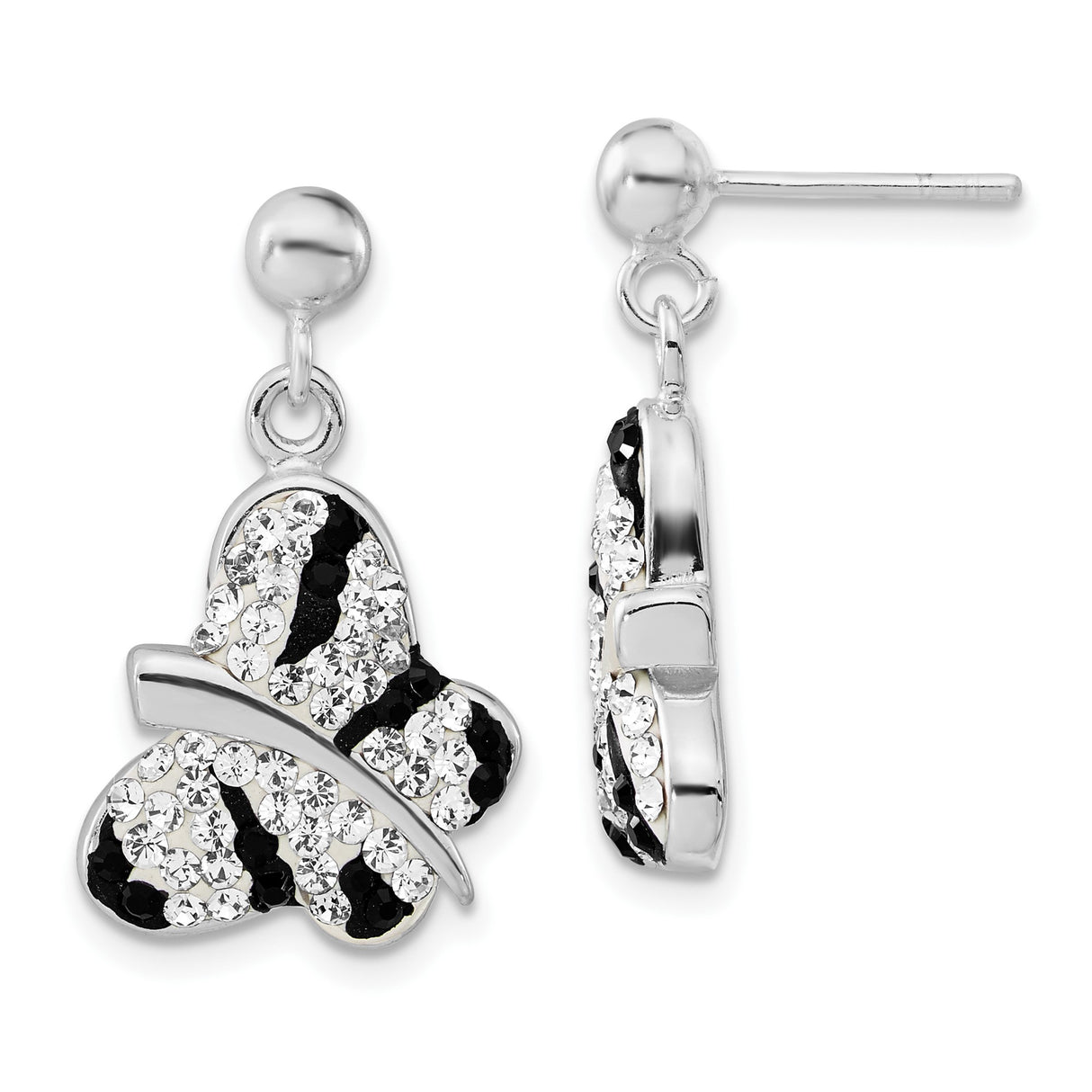 Sterling Silver Butterfly Drop Earrings with Black and Clear Crystals, Nature-Inspired Design