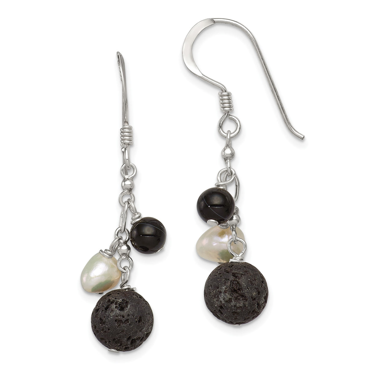 Sterling Silver Dangle Earrings with Freshwater Pearls and Agate, Boho Artisan Style