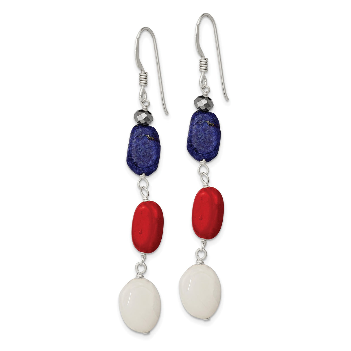 Sterling Silver Dangle Earrings with Red Coral, White Jade, and Lapis Lazuli Beads