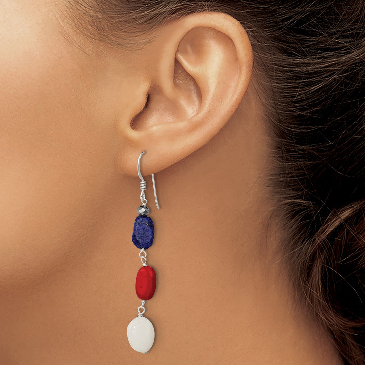 Sterling Silver Dangle Earrings with Red Coral, White Jade, and Lapis Lazuli Beads