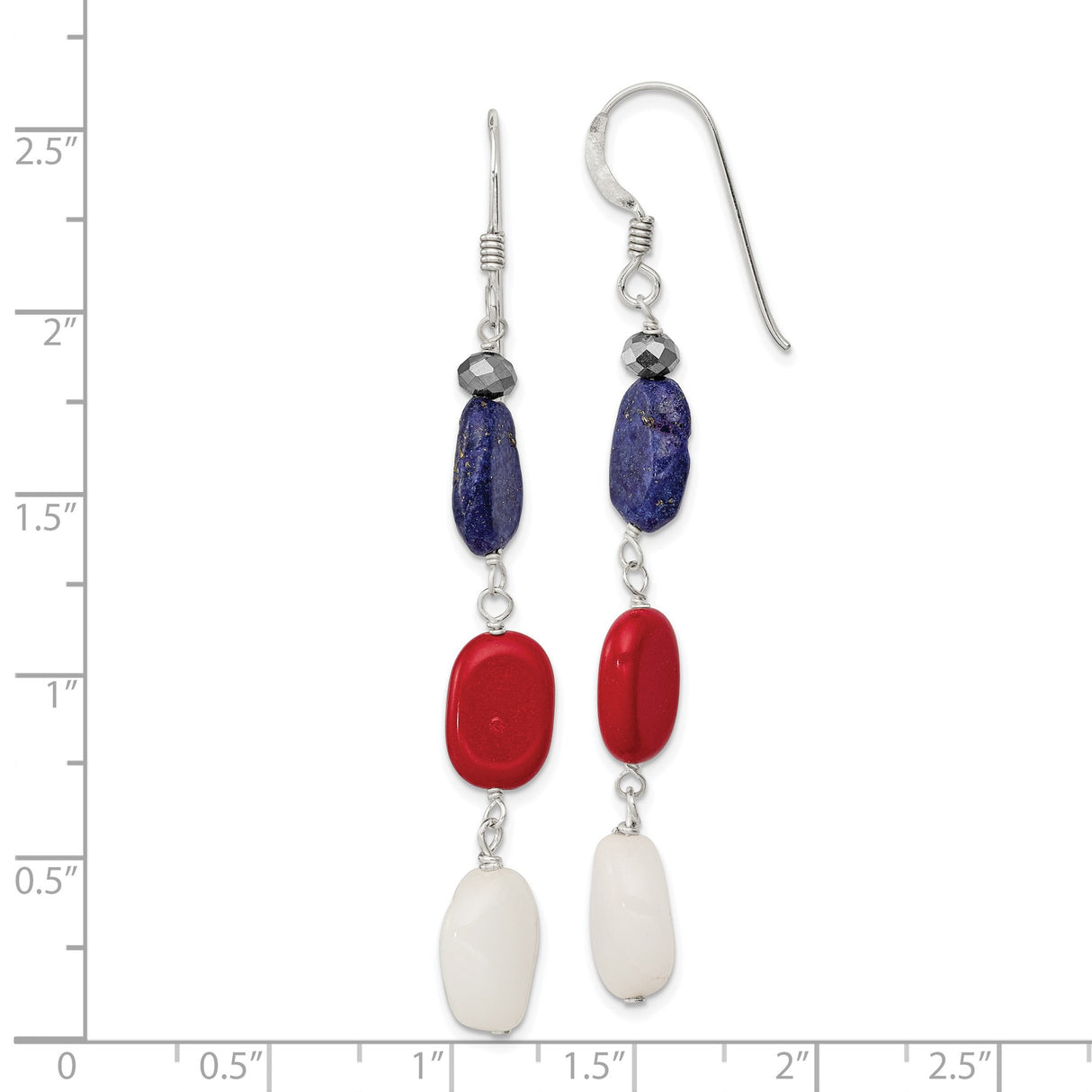 Sterling Silver Dangle Earrings with Red Coral, White Jade, and Lapis Lazuli Beads