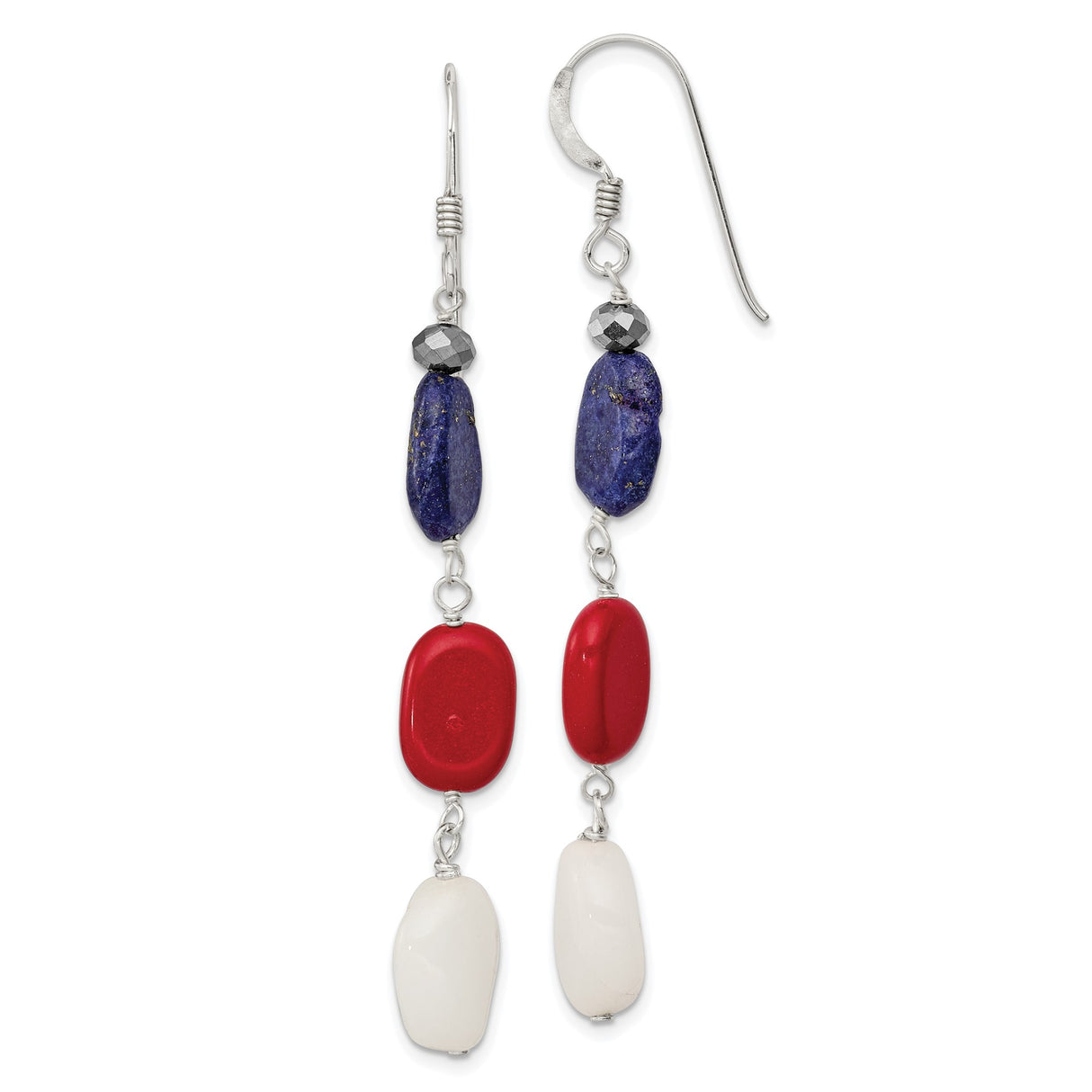 Sterling Silver Dangle Earrings with Red Coral, White Jade, and Lapis Lazuli Beads