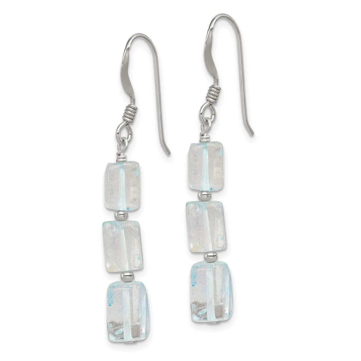Sterling Silver Dangle Earrings with Light Blue Quartz Beads, Rectangle Drop Design