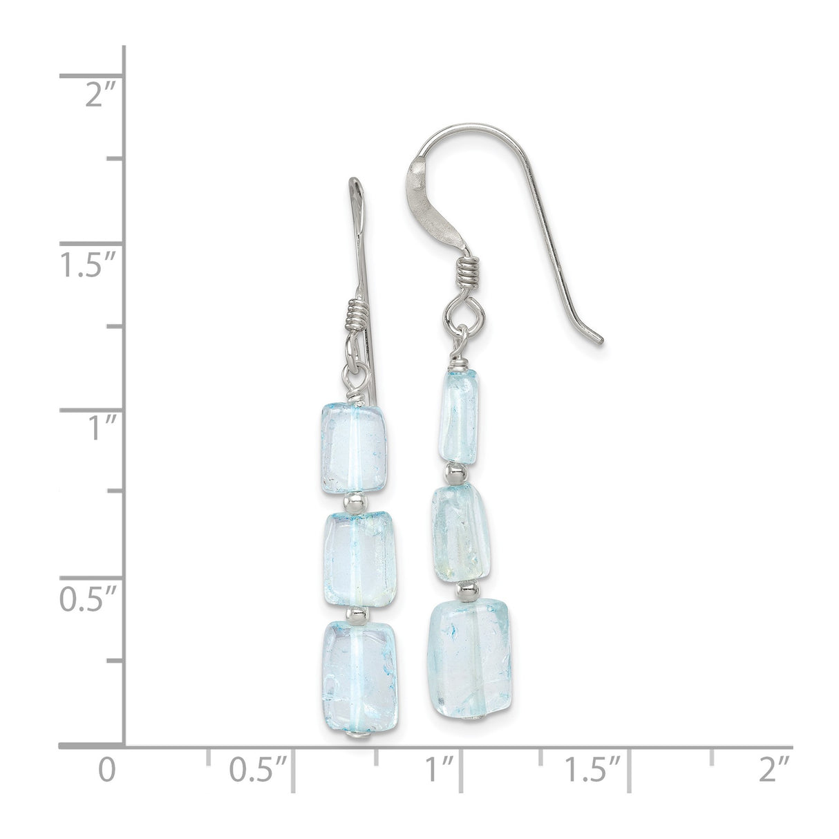 Sterling Silver Dangle Earrings with Light Blue Quartz Beads, Rectangle Drop Design