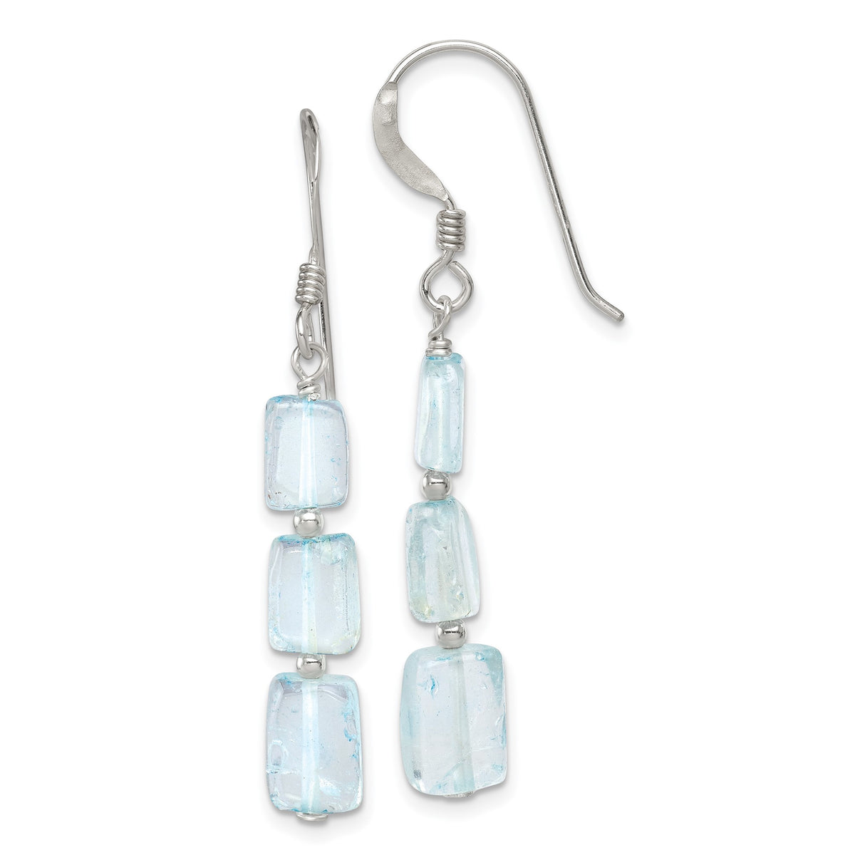 Sterling Silver Dangle Earrings with Light Blue Quartz Beads, Rectangle Drop Design