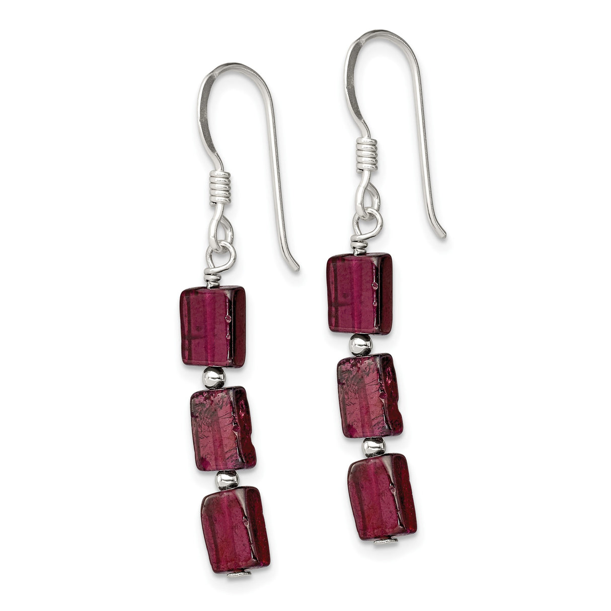 Sterling Silver Dangle Earrings with Garnet, Vertical Drop Linear Modern Minimalist Design