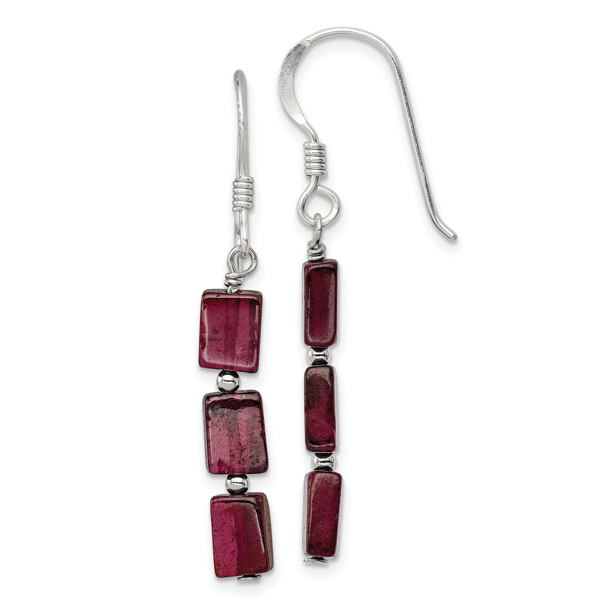 Sterling Silver Dangle Earrings with Garnet, Vertical Drop Linear Modern Minimalist Design