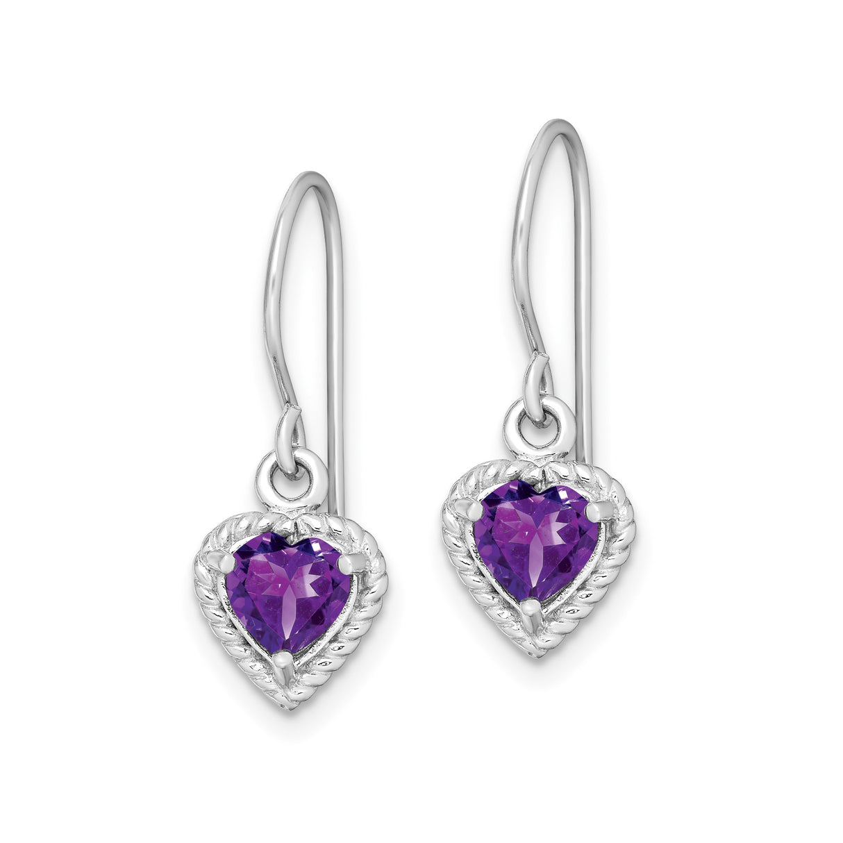 Sterling Silver Heart Dangle Earrings with Amethyst, Rope Detail and Filigree Design