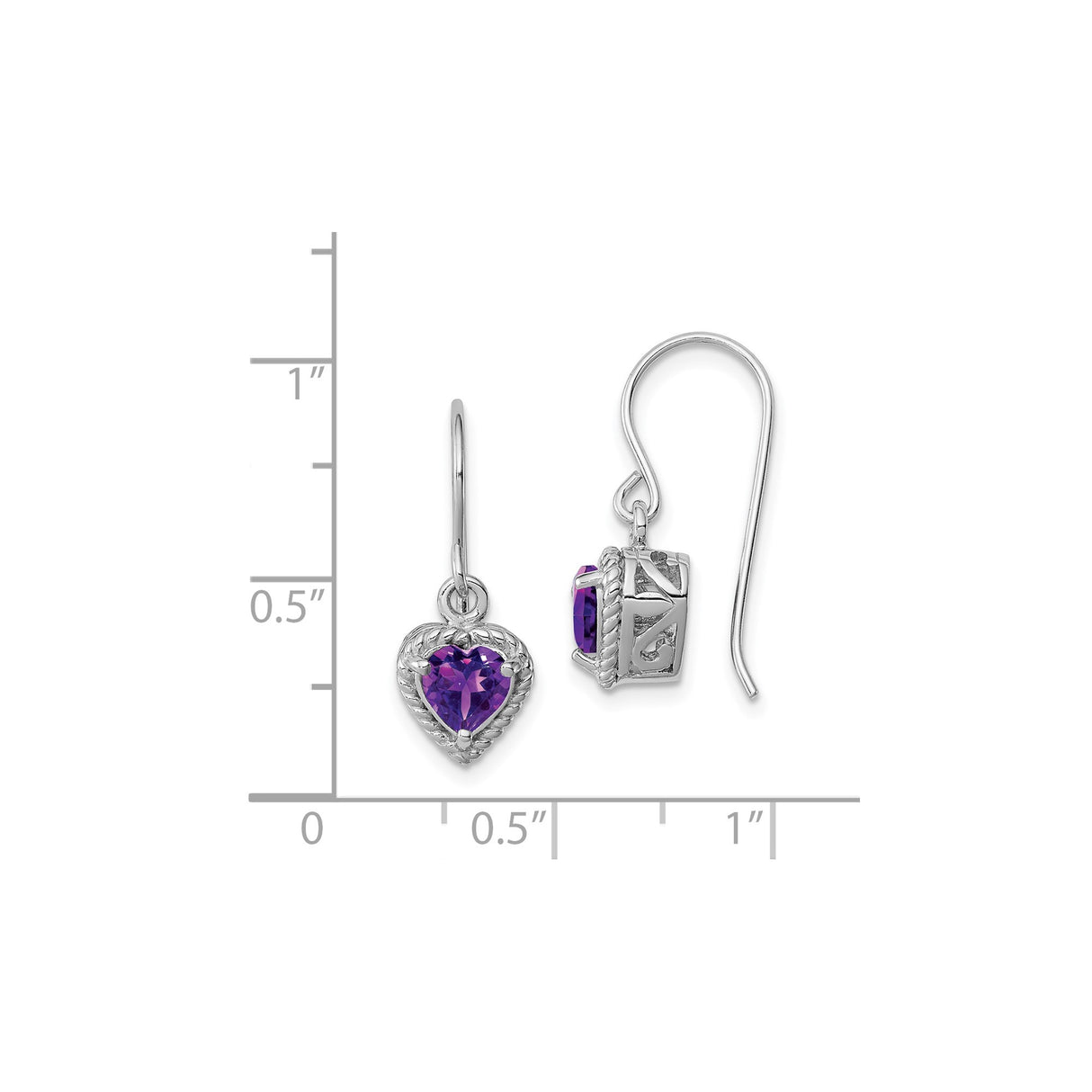 Sterling Silver Heart Dangle Earrings with Amethyst, Rope Detail and Filigree Design
