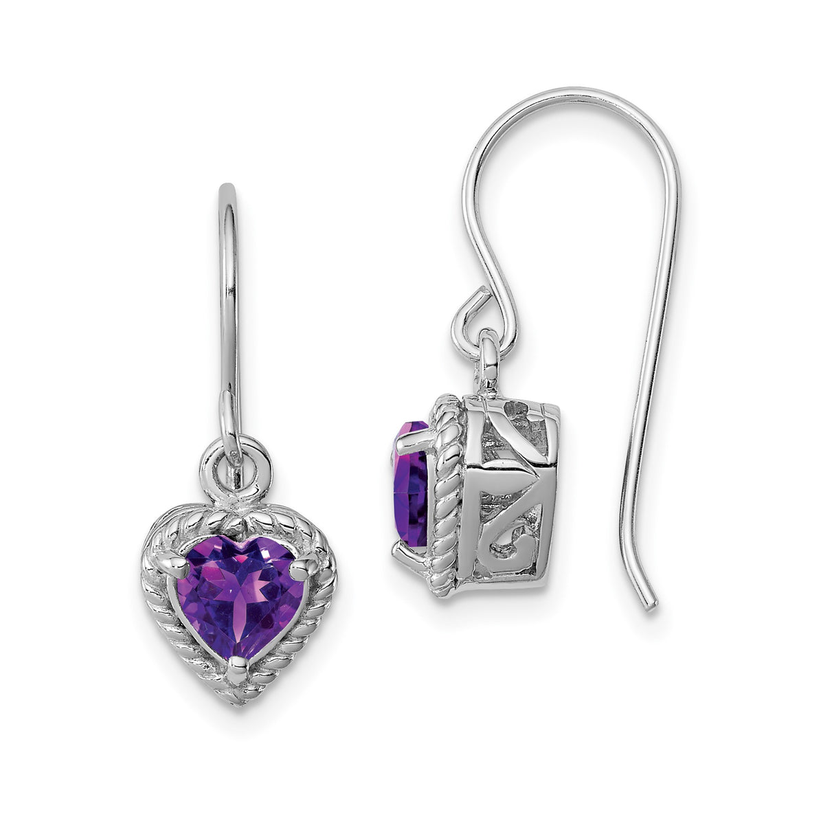 Sterling Silver Heart Dangle Earrings with Amethyst, Rope Detail and Filigree Design