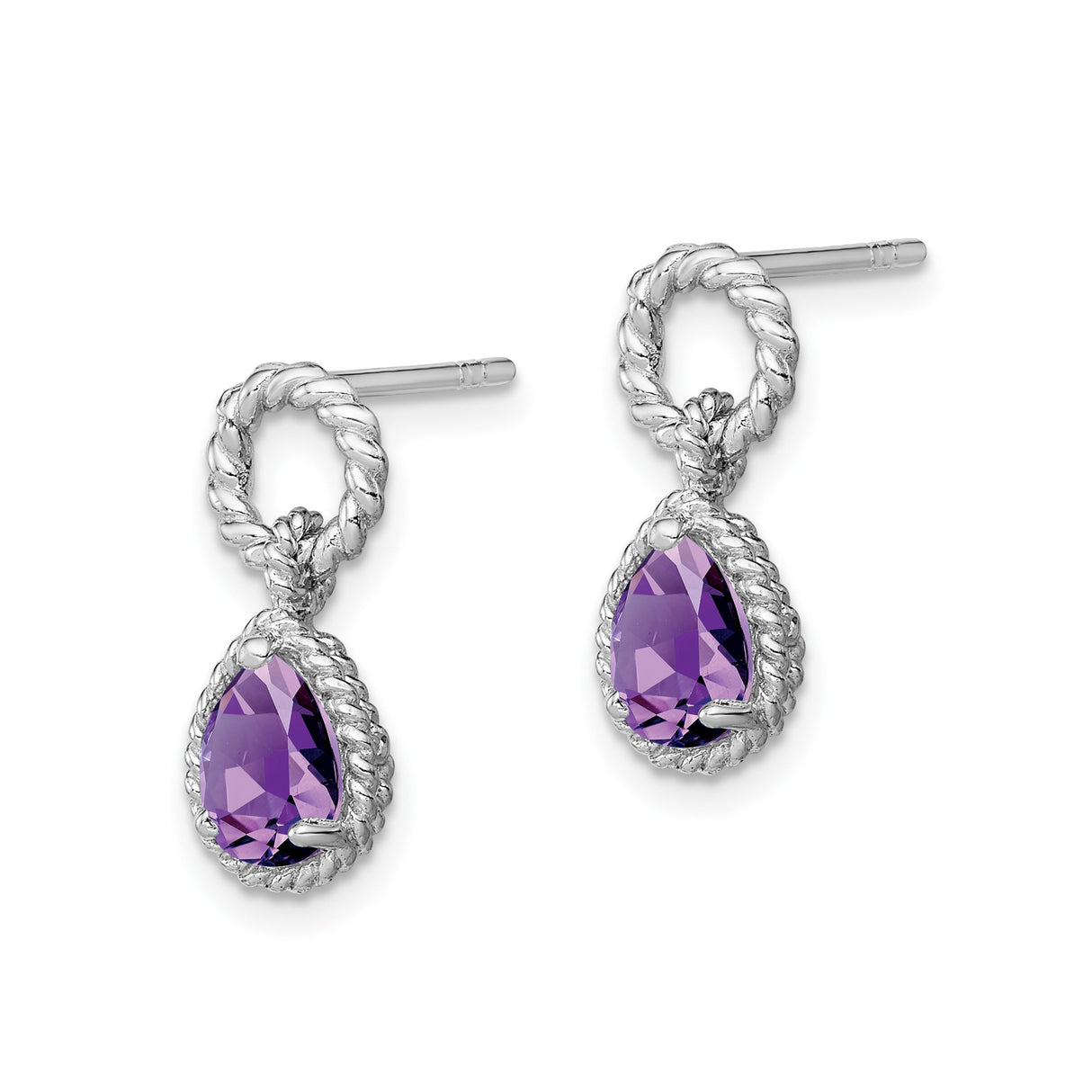 Sterling Silver Dangle Earrings with Amethyst Teardrops in Twisted Rope Setting