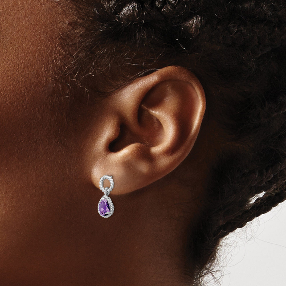 Sterling Silver Dangle Earrings with Amethyst Teardrops in Twisted Rope Setting
