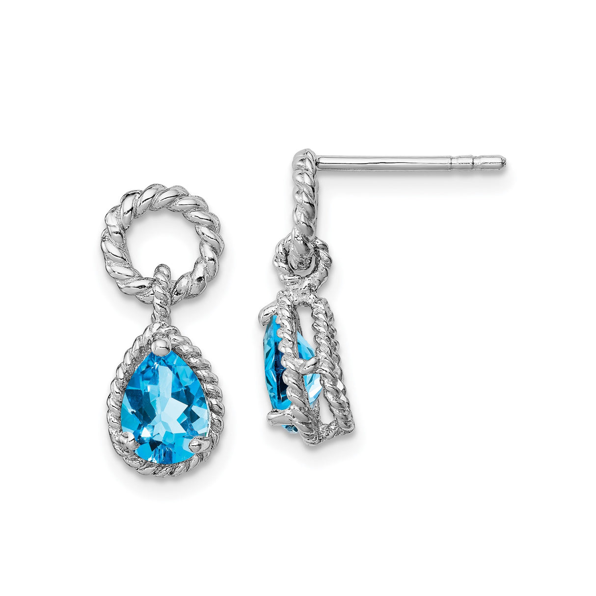 Sterling Silver Teardrop Earrings with Swiss Blue Topaz, Twisted Rope Design