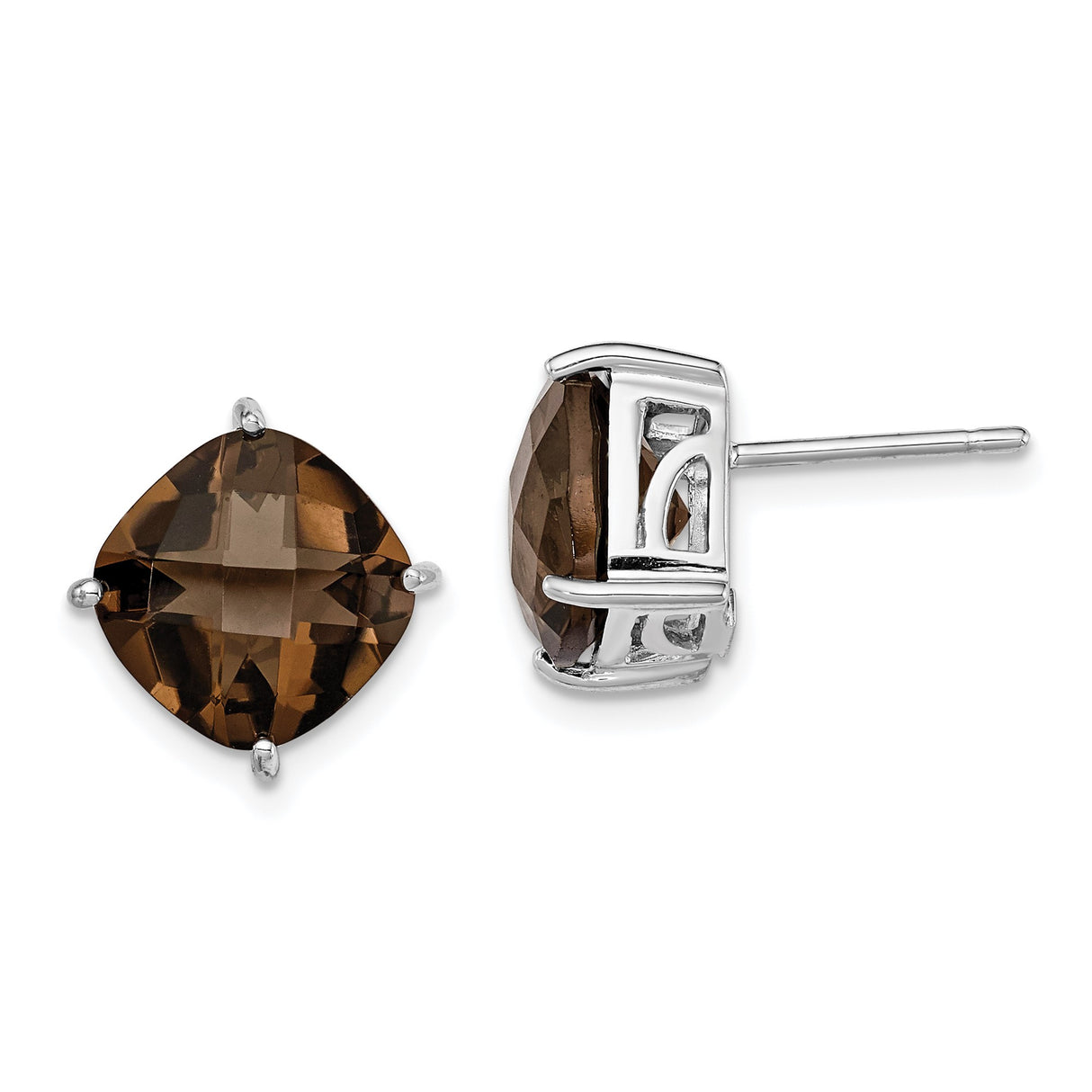 Sterling Silver Stud Earrings with Cushion Cut Smoky Quartz, Minimalist Style for Women