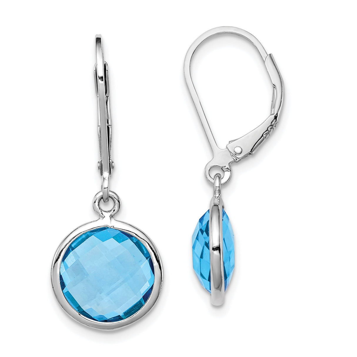 Sterling Silver Drop Earrings with Swiss Blue Topaz, Rounded Bezel Setting, Leverback Closure