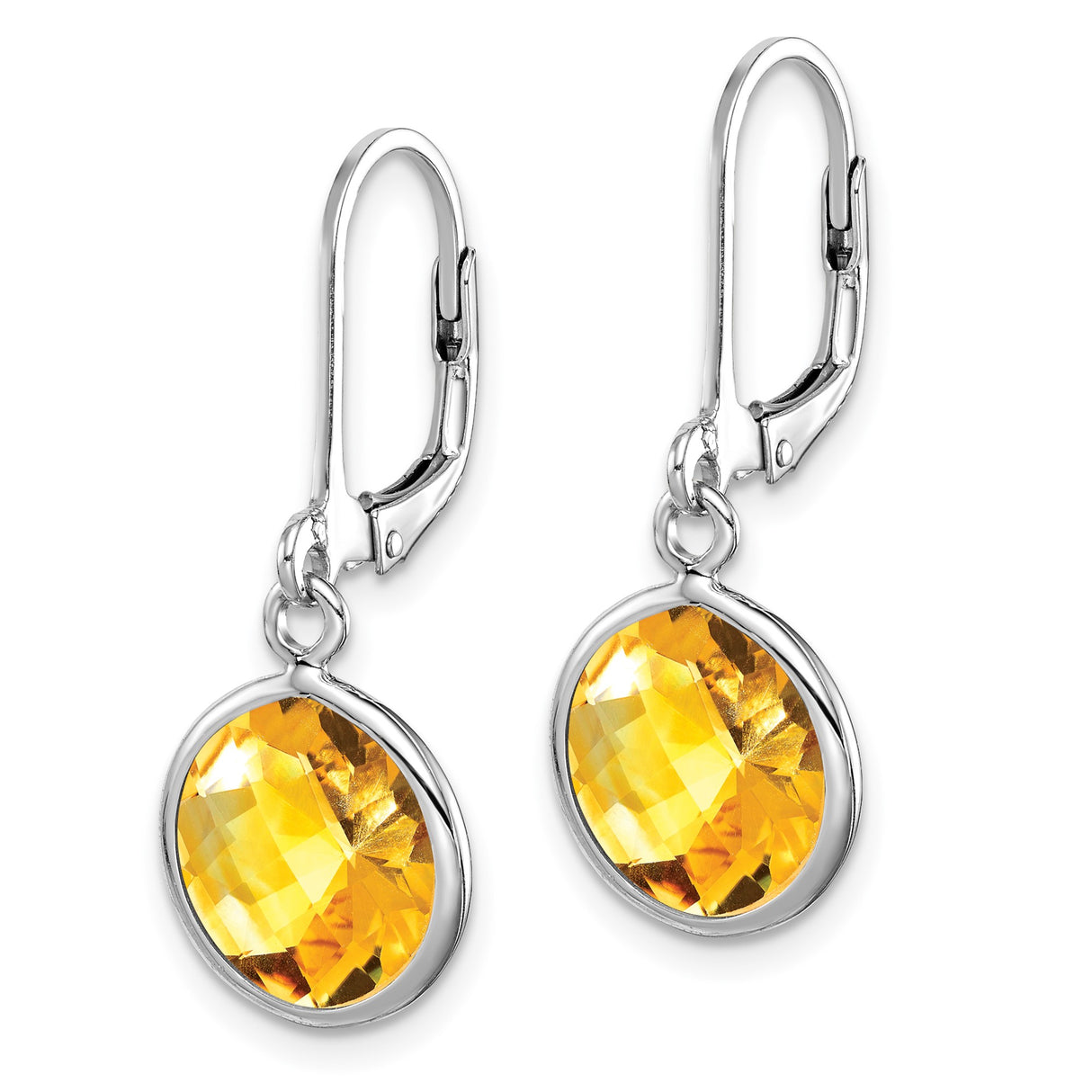 Sterling Silver Drop Earrings with Citrine, Bezel Set Leverback Dangle Design