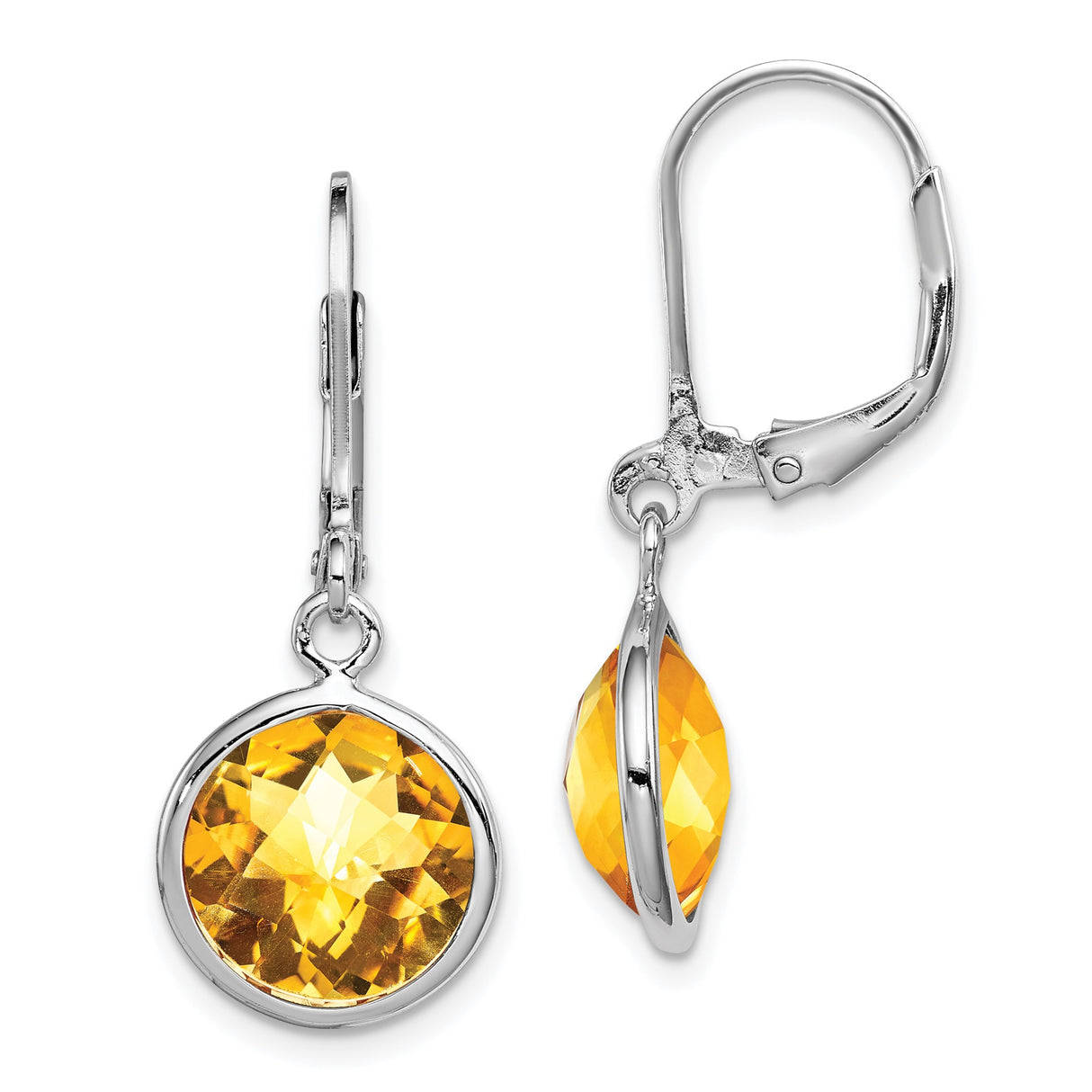 Sterling Silver Drop Earrings with Citrine, Bezel Set Leverback Dangle Design