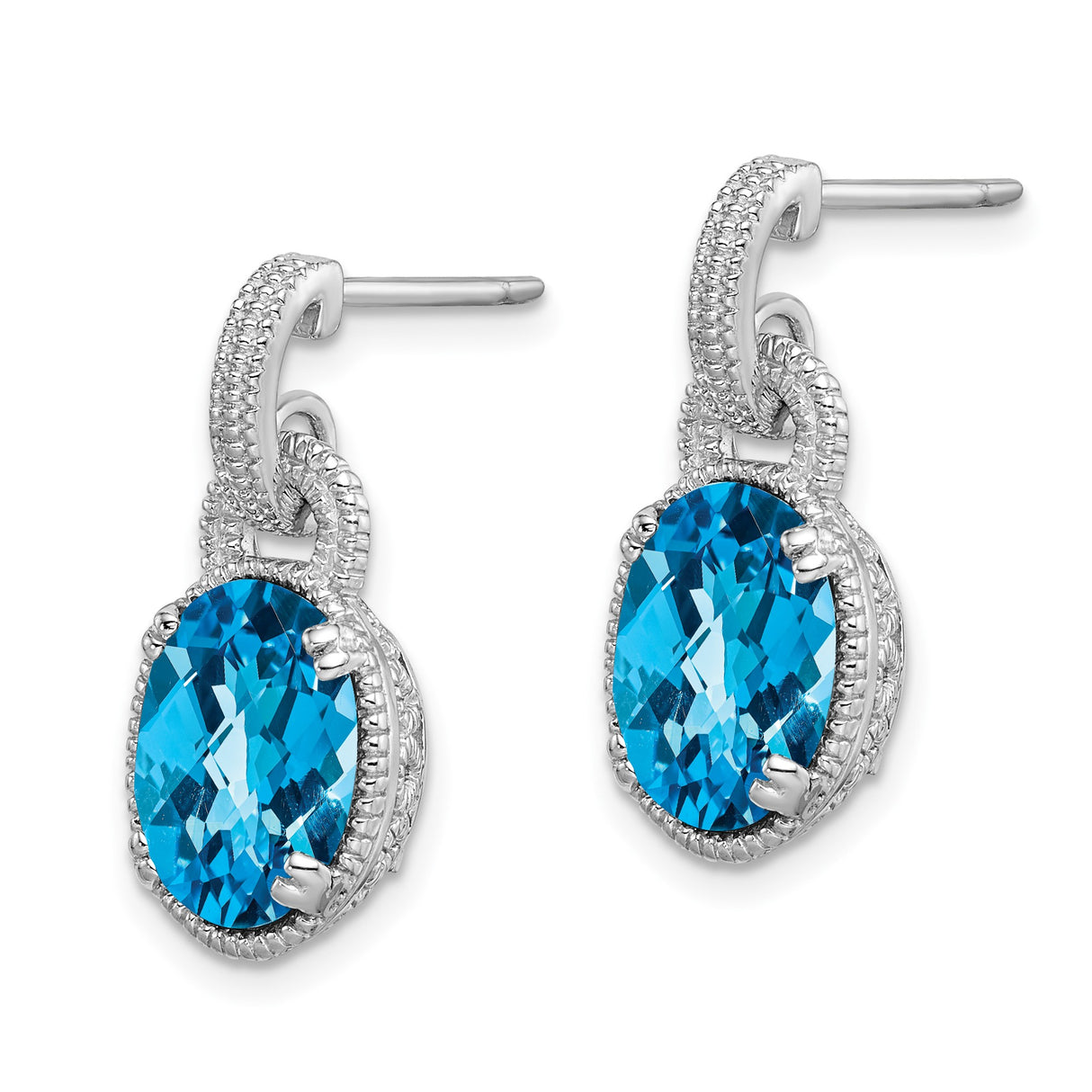 Sterling Silver Drop Earrings with Swiss Blue Topaz, Milgrain Setting, Dangle Design for Women