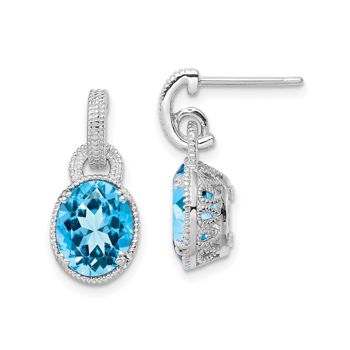 Sterling Silver Drop Earrings with Swiss Blue Topaz, Milgrain Setting, Dangle Design for Women