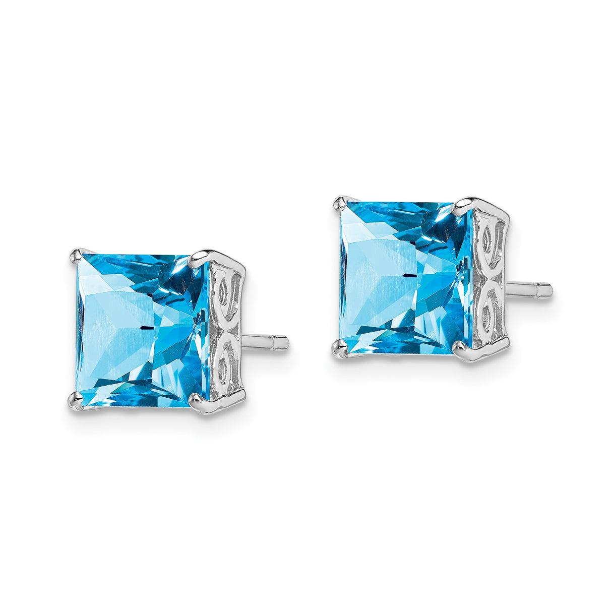 Sterling Silver Stud Earrings with Square-Cut Swiss Blue Topaz, Modern Minimalist Design