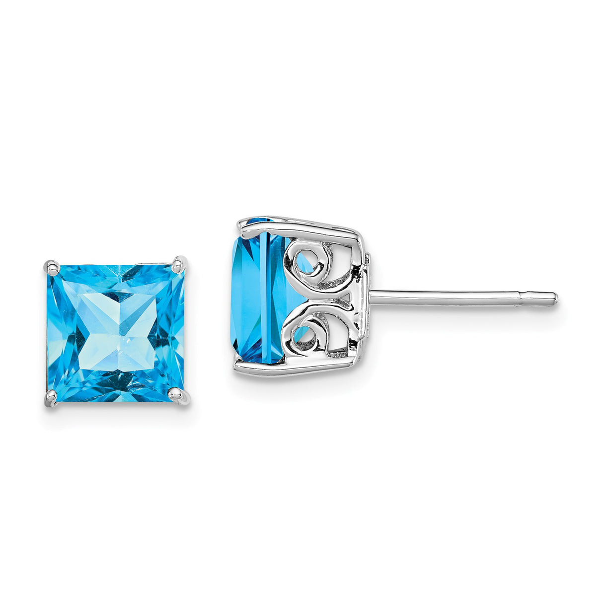 Sterling Silver Stud Earrings with Square-Cut Swiss Blue Topaz, Modern Minimalist Design