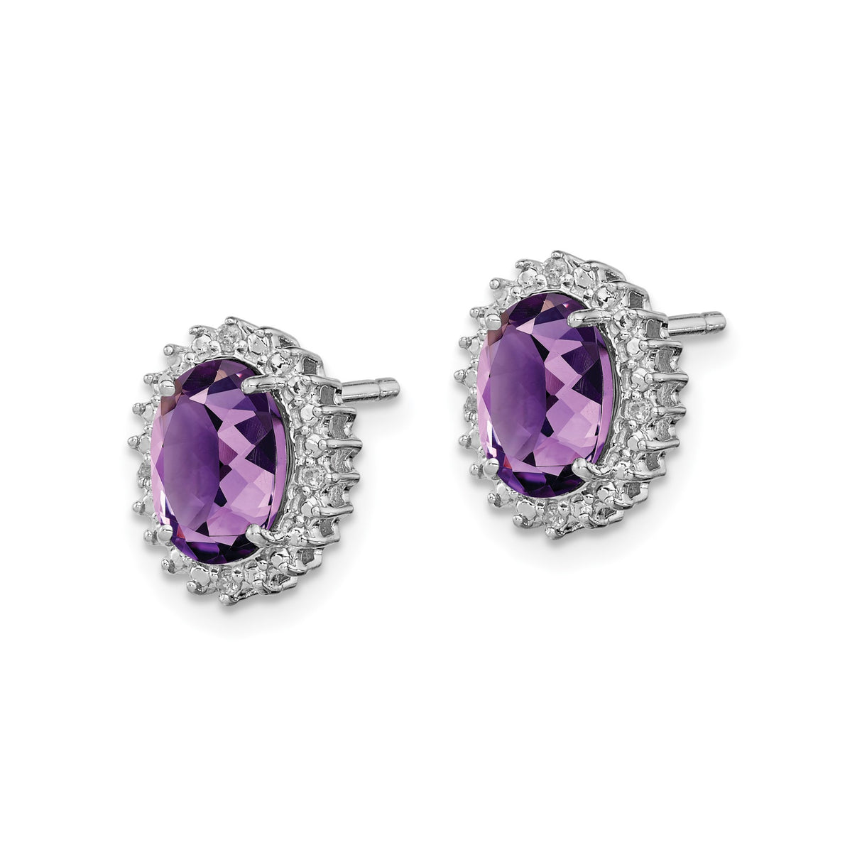 Sterling Silver Stud Earrings with Oval Amethyst and Diamond Accent Halo Design