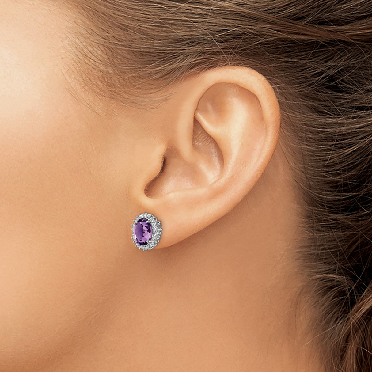 Sterling Silver Stud Earrings with Oval Amethyst and Diamond Accent Halo Design