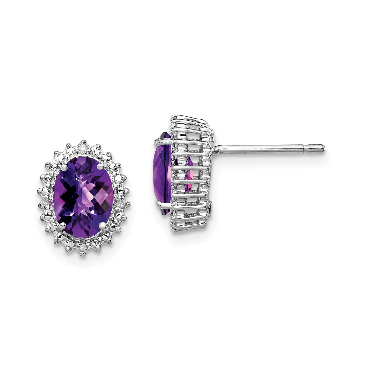 Sterling Silver Stud Earrings with Oval Amethyst and Diamond Accent Halo Design