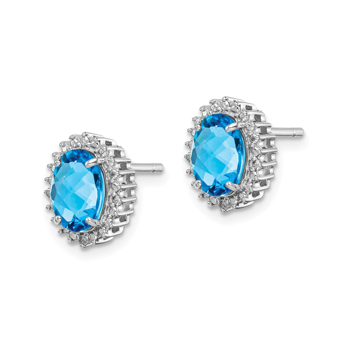 Sterling Silver Oval Stud Earrings with Swiss Blue Topaz and Diamond Halo