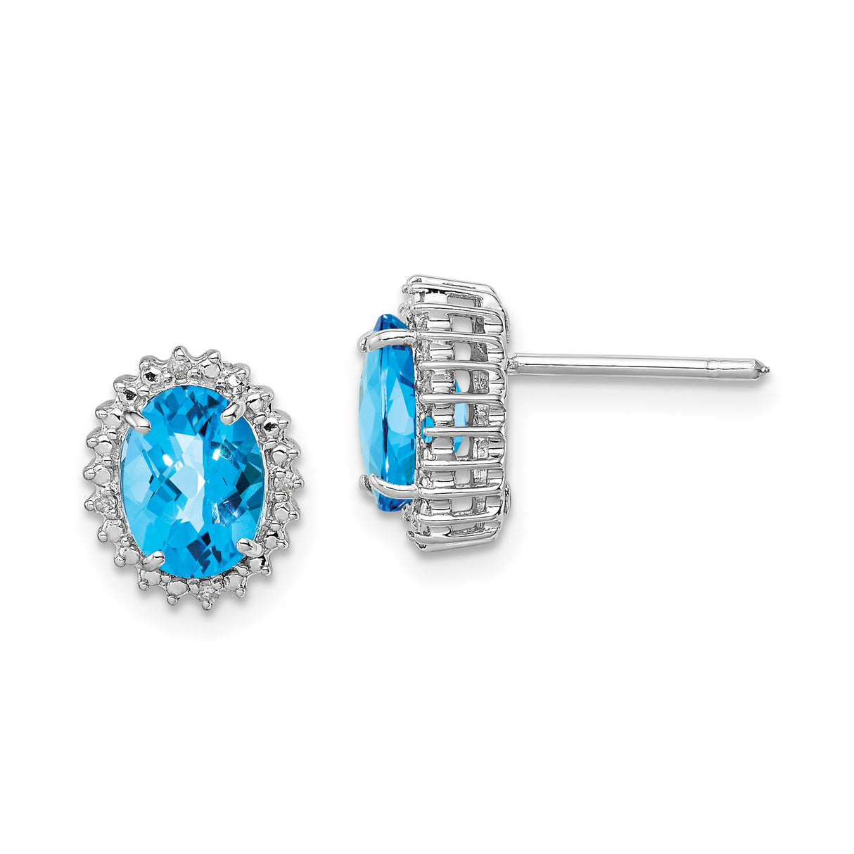 Sterling Silver Oval Stud Earrings with Swiss Blue Topaz and Diamond Halo