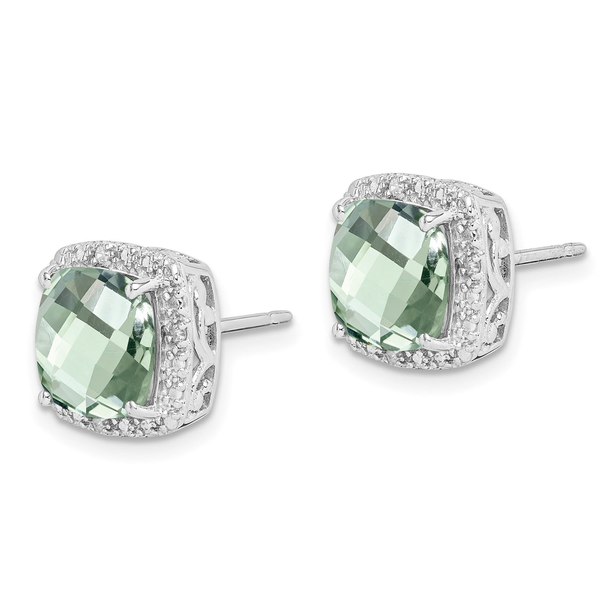 Sterling Silver Stud Earrings with Prasiolite and Diamond Halo, Filigree Detailing