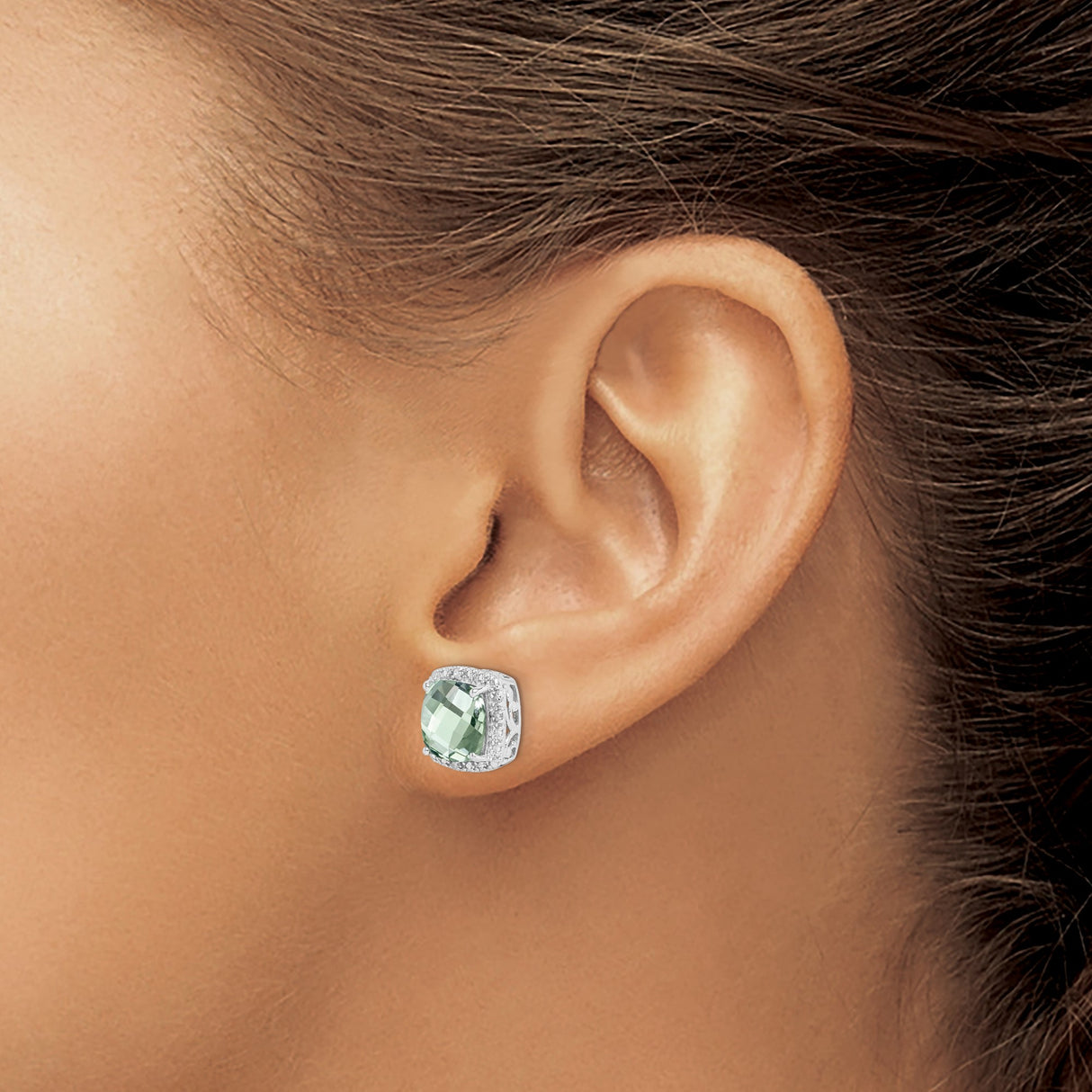 Sterling Silver Stud Earrings with Prasiolite and Diamond Halo, Filigree Detailing