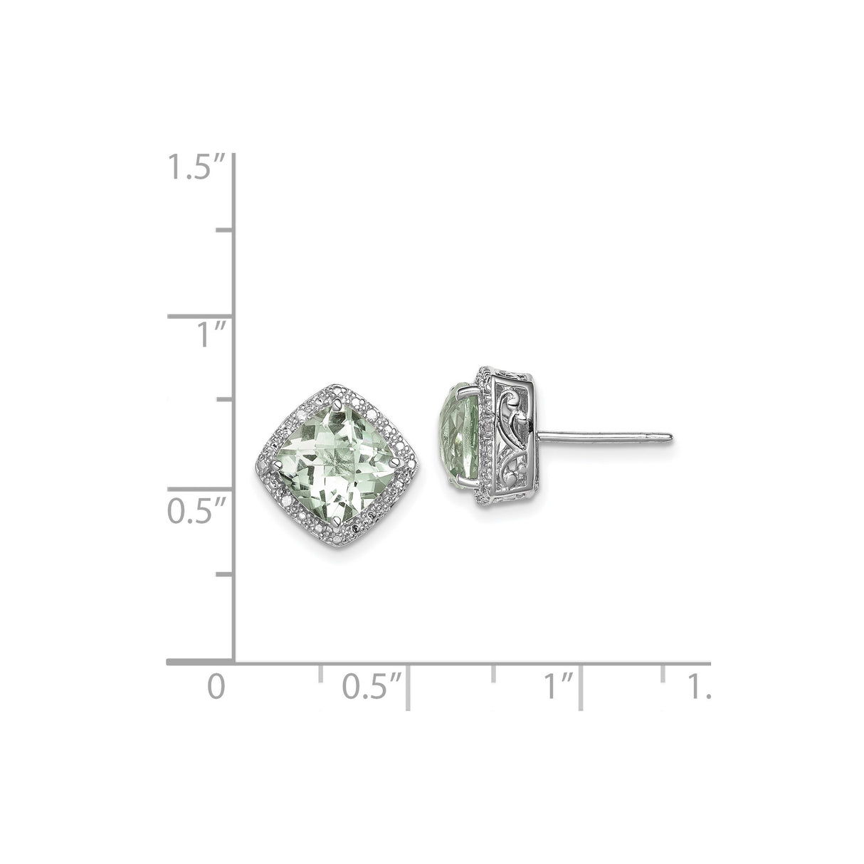 Sterling Silver Stud Earrings with Prasiolite and Diamond Halo, Filigree Detailing