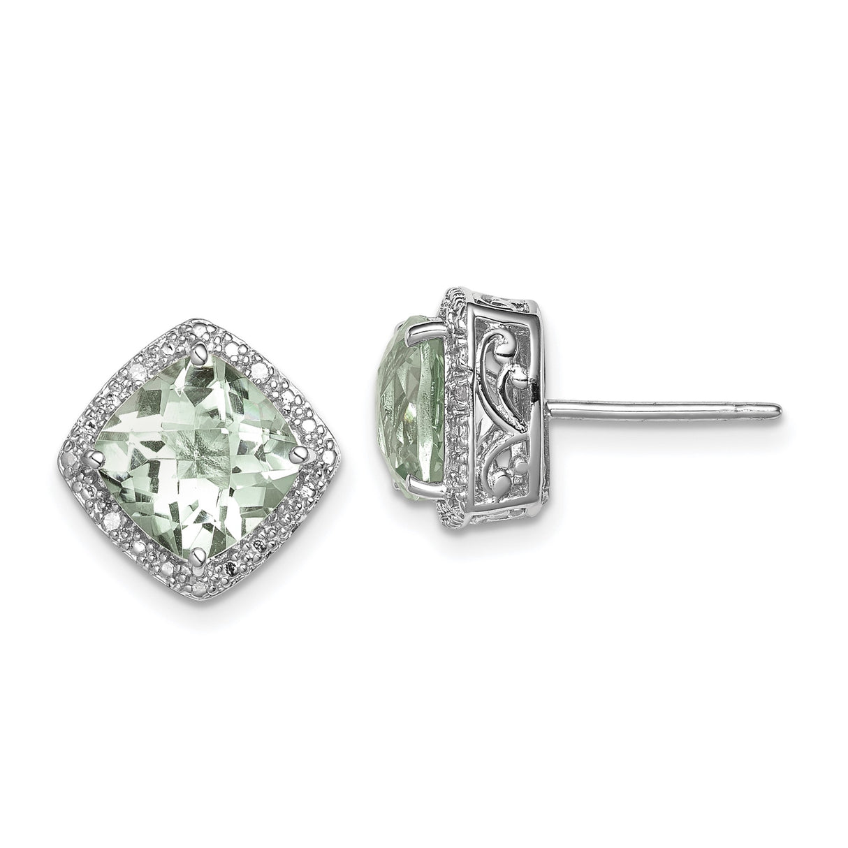 Sterling Silver Stud Earrings with Prasiolite and Diamond Halo, Filigree Detailing