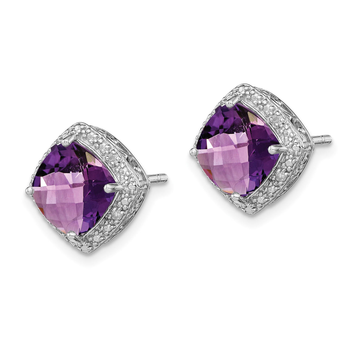 Sterling Silver Amethyst Stud Earrings with Diamond Accents and Filigree Detailing
