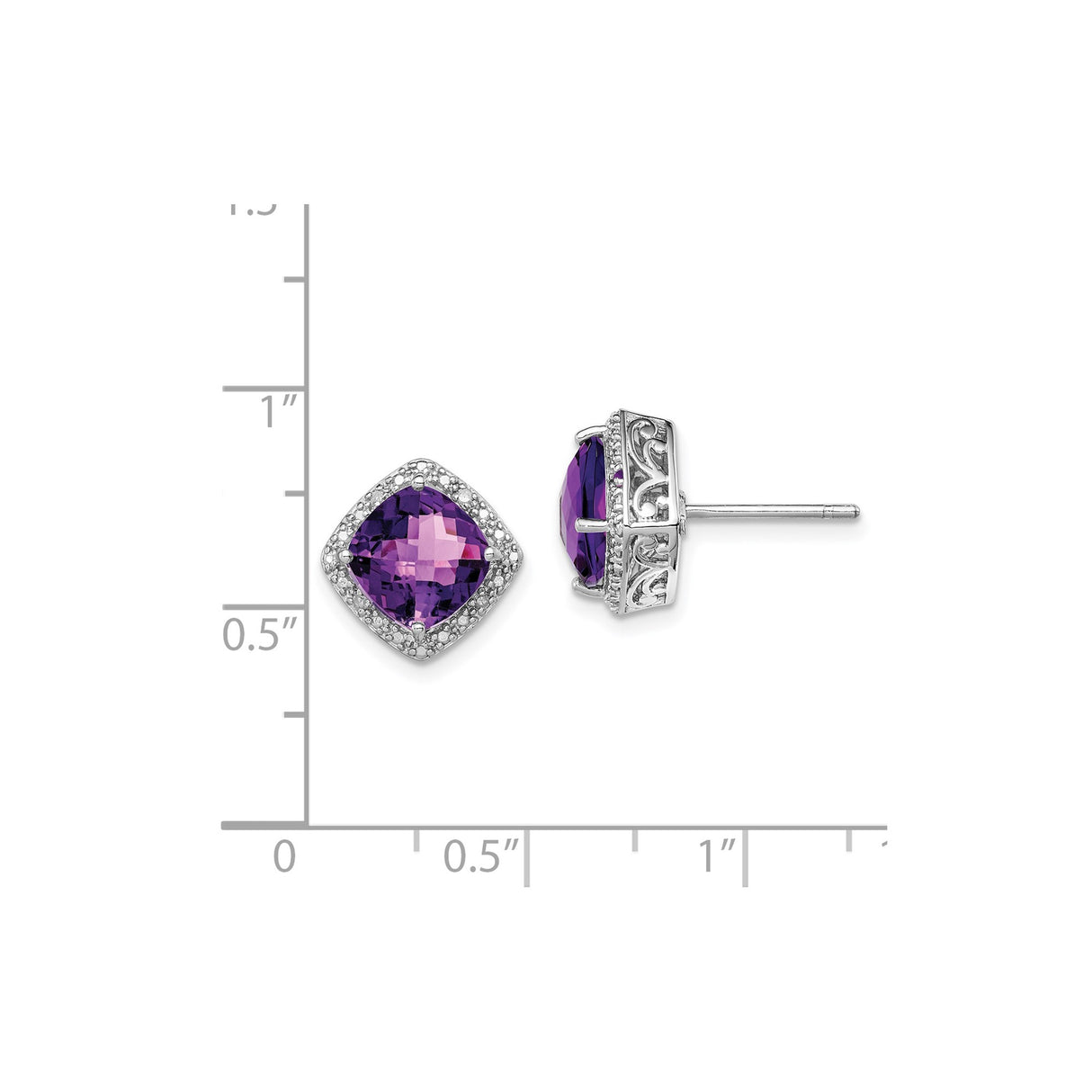 Sterling Silver Amethyst Stud Earrings with Diamond Accents and Filigree Detailing