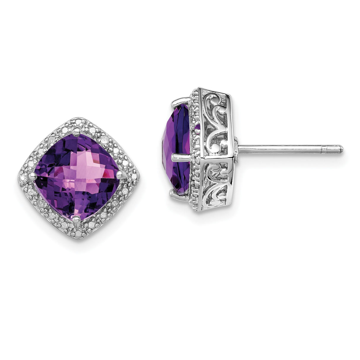 Sterling Silver Amethyst Stud Earrings with Diamond Accents and Filigree Detailing