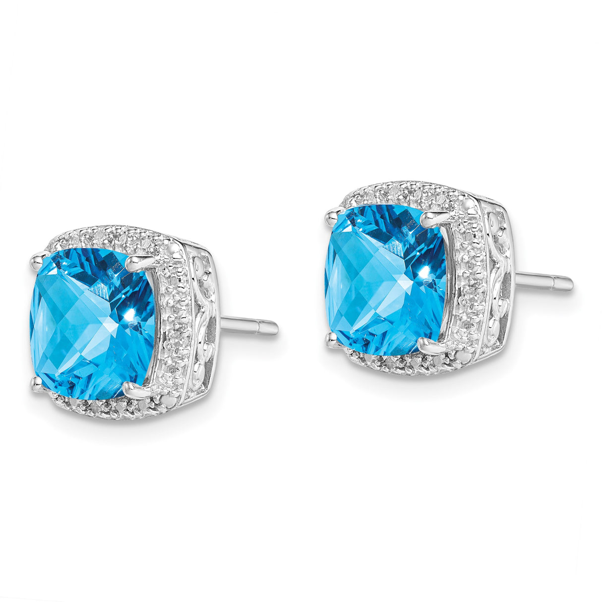 Sterling Silver Blue Topaz and Diamond Stud Earrings with Filigree Detailing for Women