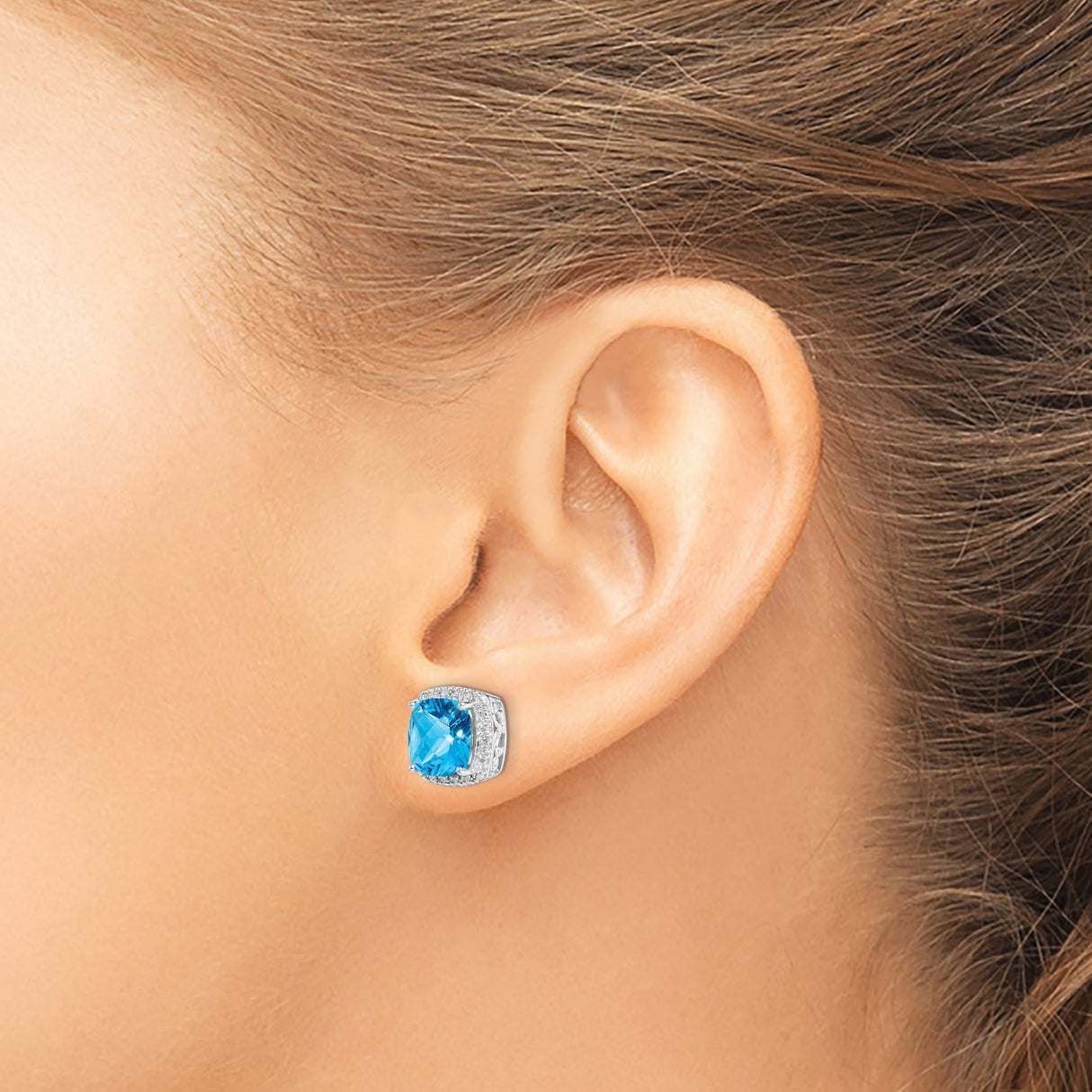 Sterling Silver Blue Topaz and Diamond Stud Earrings with Filigree Detailing for Women
