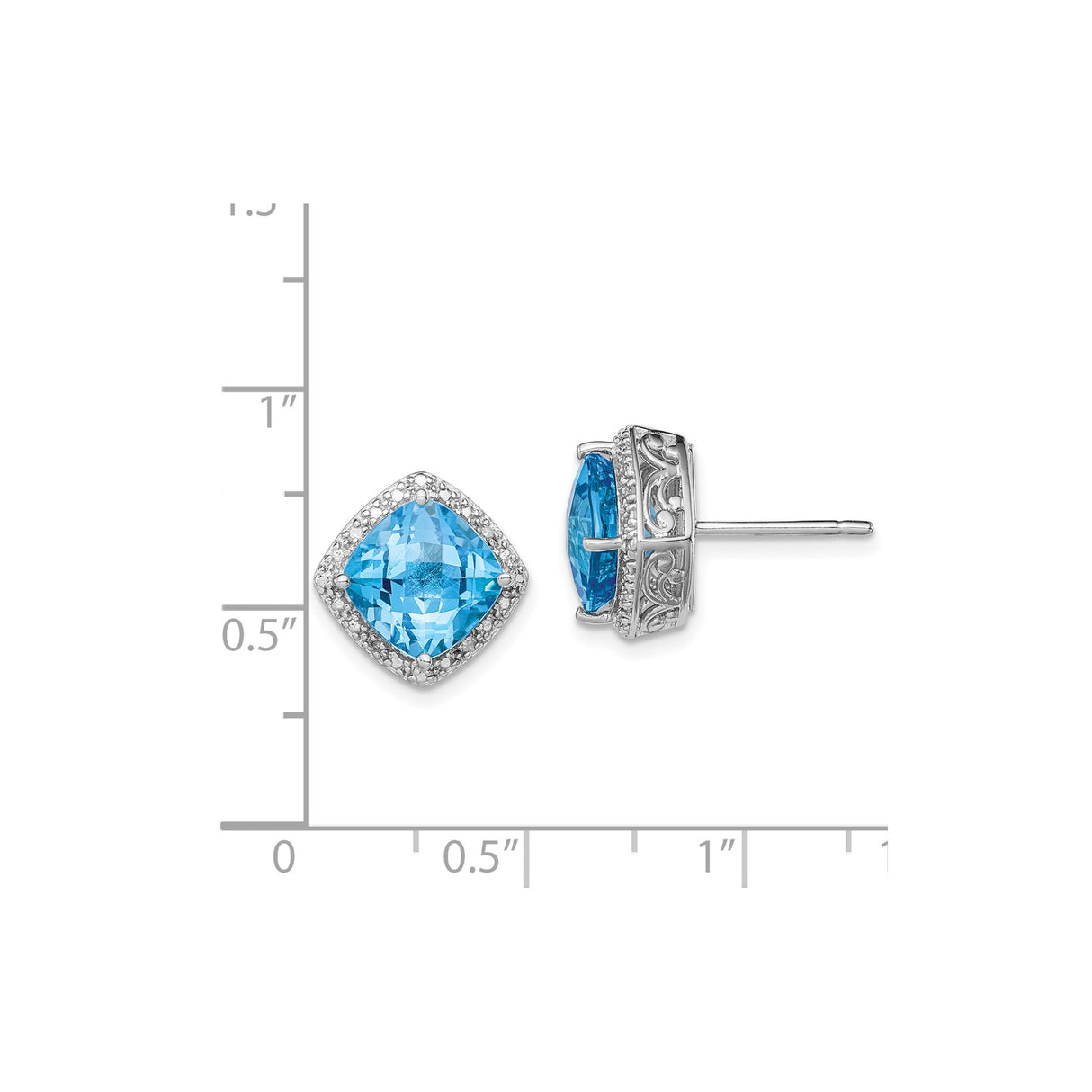 Sterling Silver Blue Topaz and Diamond Stud Earrings with Filigree Detailing for Women
