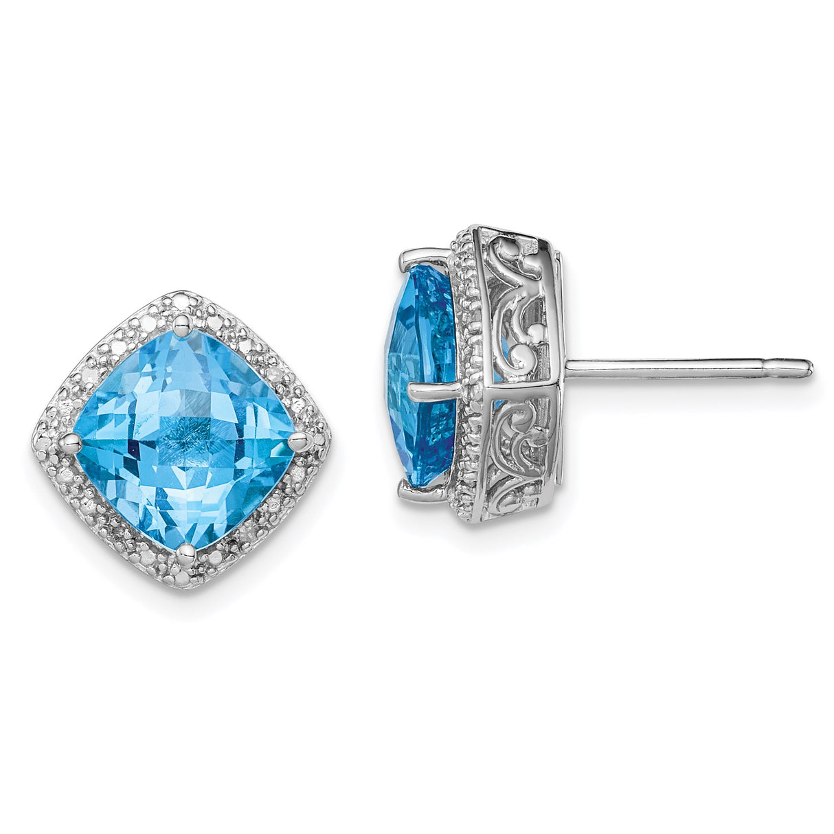 Sterling Silver Blue Topaz and Diamond Stud Earrings with Filigree Detailing for Women
