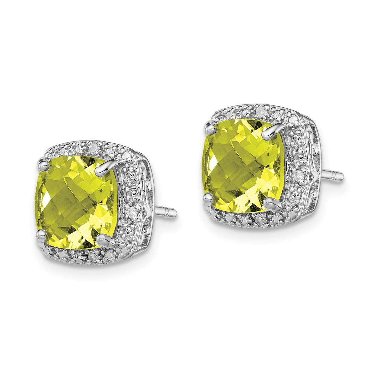 Sterling Silver Stud Earrings with Lemon Quartz and Diamond Accents, Vintage Filigree Design