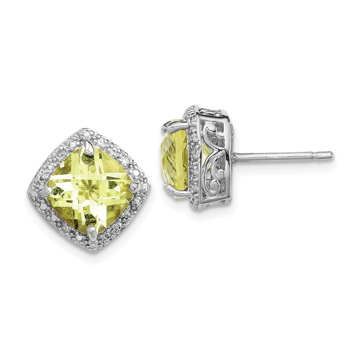 Sterling Silver Stud Earrings with Lemon Quartz and Diamond Accents, Vintage Filigree Design