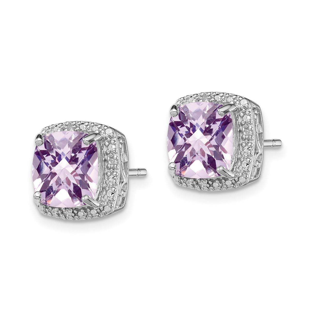 Sterling Silver Stud Earrings with Amethyst and Diamond, Halo Vintage Style