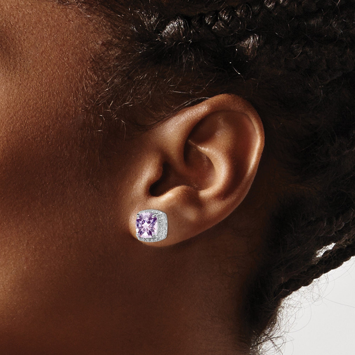 Sterling Silver Stud Earrings with Amethyst and Diamond, Halo Vintage Style