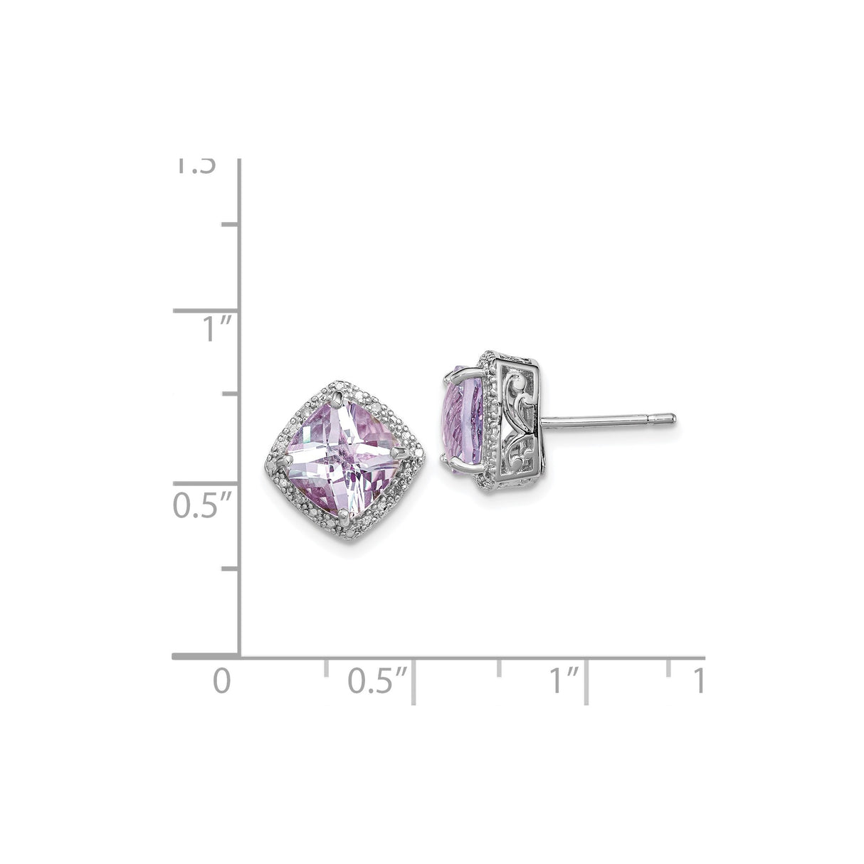Sterling Silver Stud Earrings with Amethyst and Diamond, Halo Vintage Style