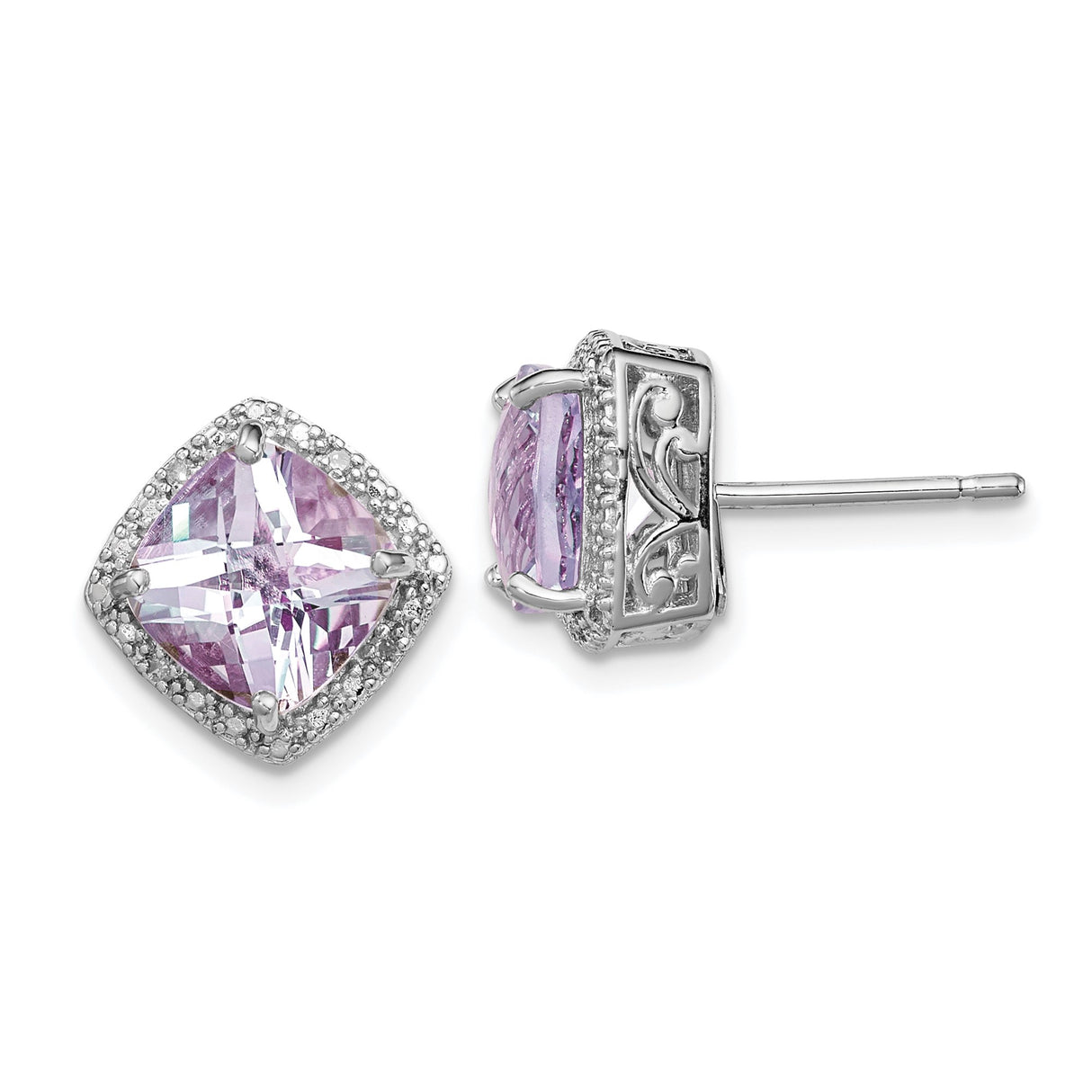 Sterling Silver Stud Earrings with Amethyst and Diamond, Halo Vintage Style