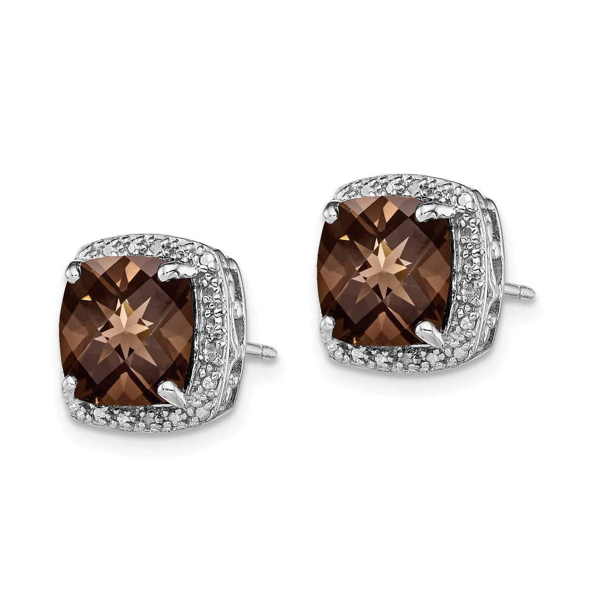 Sterling Silver Stud Earrings with Smoky Quartz, Diamond Accents, Filigree Vintage Style